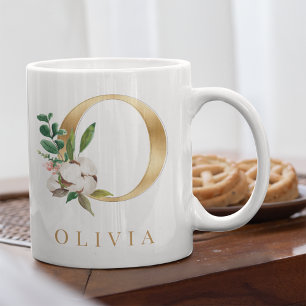 Taza De Café Letra acuarela floral y oro o monograma