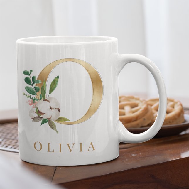 Taza De Café Letra acuarela floral y oro o monograma (Subido por el creador)