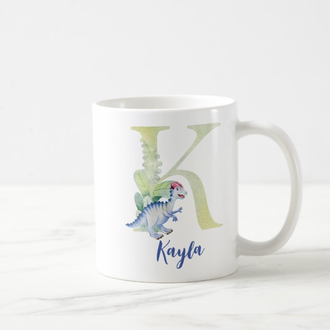 Taza De Café Letra acuarela K con dinosaurio (Derecha)