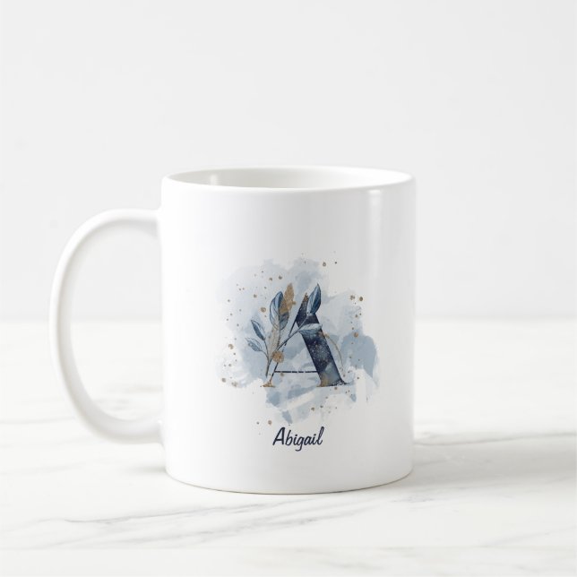 Taza De Café Letra azul acuarela de nombre personalizado a inic (Izquierda)