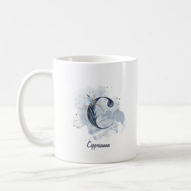 Taza De Café Letra azul acuarela de nombre personalizado C inic (Izquierda)