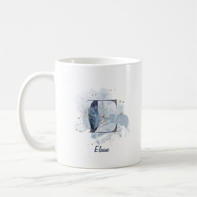 Taza De Café Letra azul acuarela de nombre personalizado E inic (Izquierda)