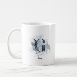 Taza De Café Letra azul acuarela de nombre personalizado G inic