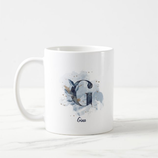 Taza De Café Letra azul acuarela de nombre personalizado G inic (Izquierda)