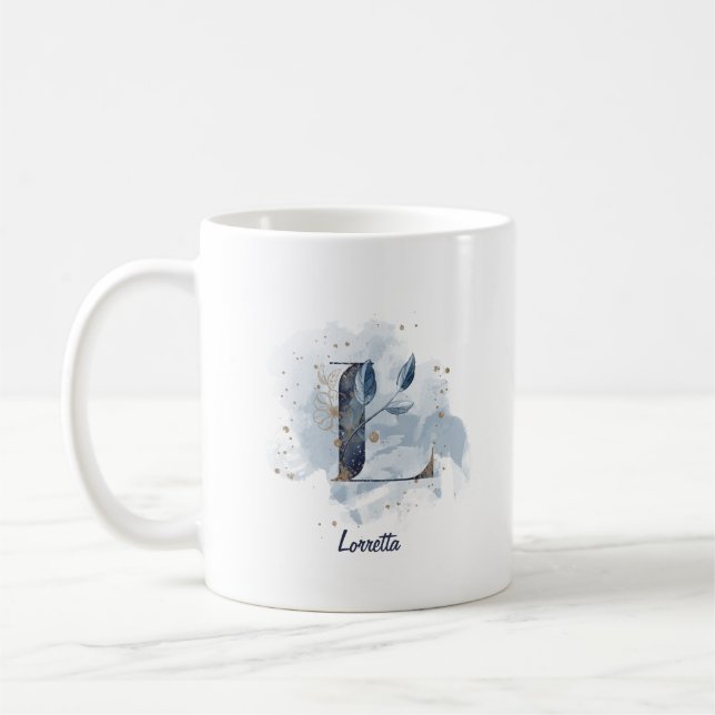 Taza De Café Letra azul acuarela de nombre personalizado L inic (Izquierda)