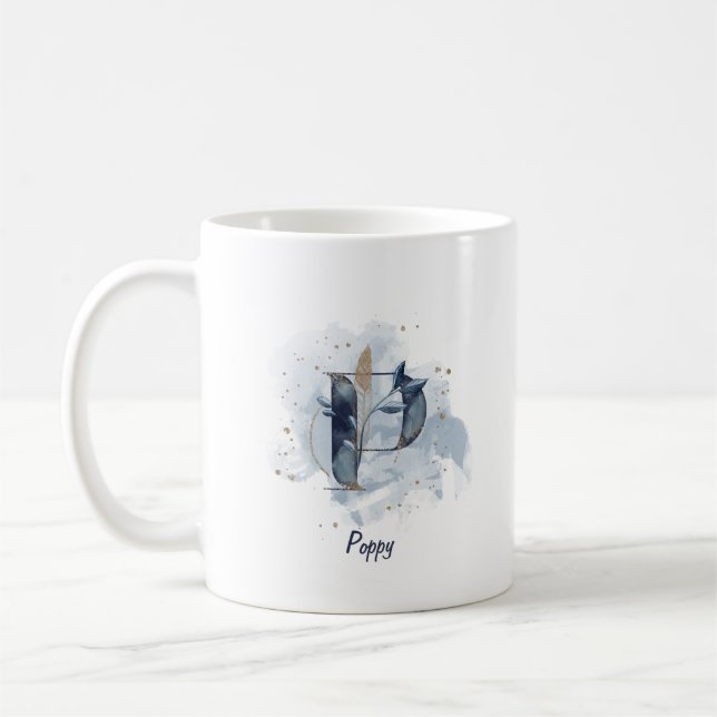 Taza De Café Letra azul acuarela de nombre personalizado P inic (Izquierda)