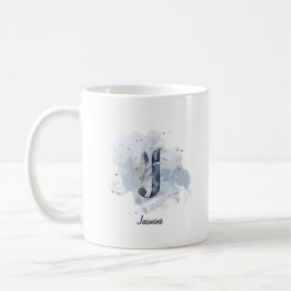 Taza De Café Letra azul acuarela nombre personalizado J inicial