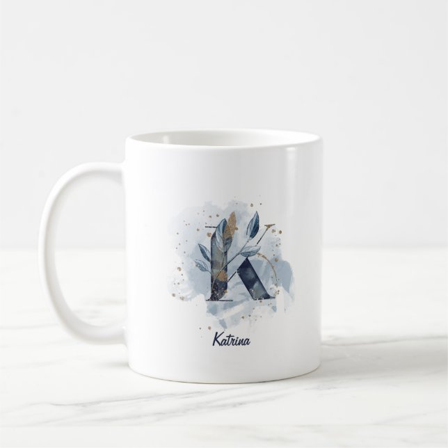 Taza De Café Letra azul acuarela nombre personalizado K inicial (Izquierda)
