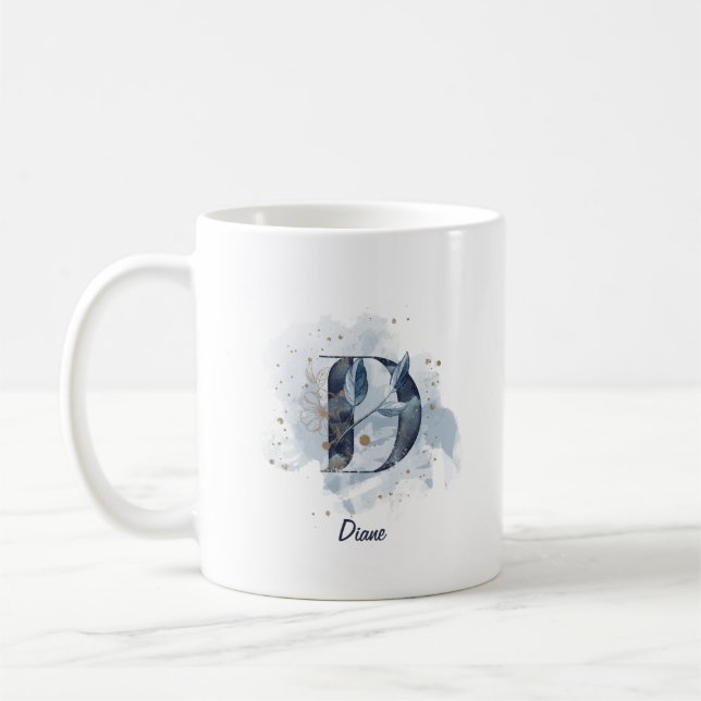 Taza De Café Letra azul acuarela nombre personalizado letra D i (Izquierda)