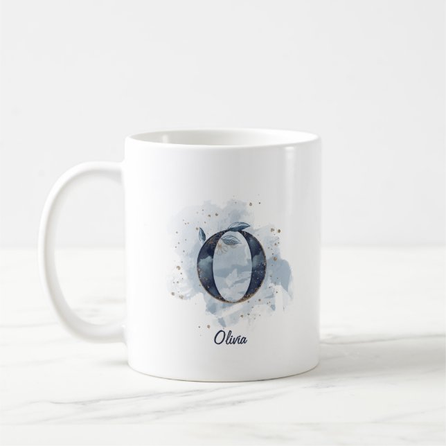 Taza De Café Letra azul acuarela nombre personalizado letra ini (Izquierda)