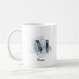 Taza De Café Letra azul acuarela nombre personalizado M inicial
