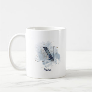 Taza De Café Letra azul acuarela nombre personalizado N inicial