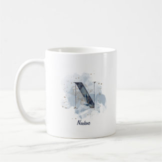 Taza De Café Letra azul acuarela nombre personalizado N inicial