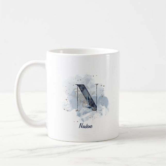 Taza De Café Letra azul acuarela nombre personalizado N inicial (Izquierda)