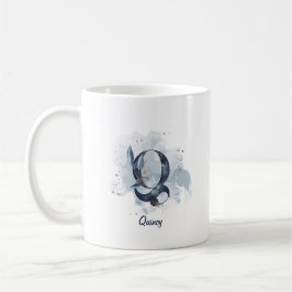 Taza De Café Letra azul acuarela nombre personalizado Q inicial