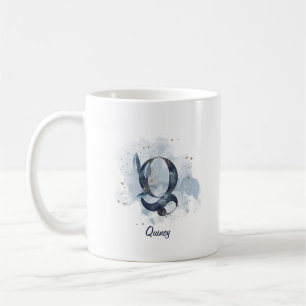 Taza De Café Letra azul acuarela nombre personalizado Q inicial