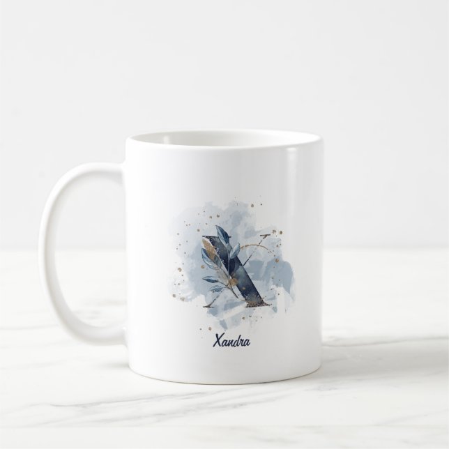 Taza De Café Letra azul acuarela nombre personalizado X inicial (Izquierda)