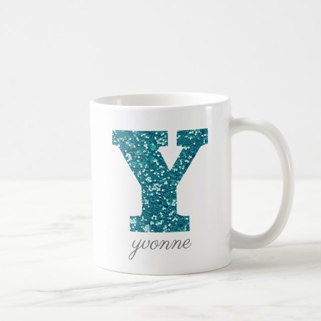 Taza De Café Letra azul monograma Y Purpurinoso Mug (Derecha)