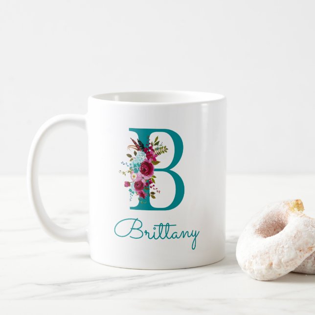 Taza De Café Letra B Floral Verde Teal Rosa (Con donut)