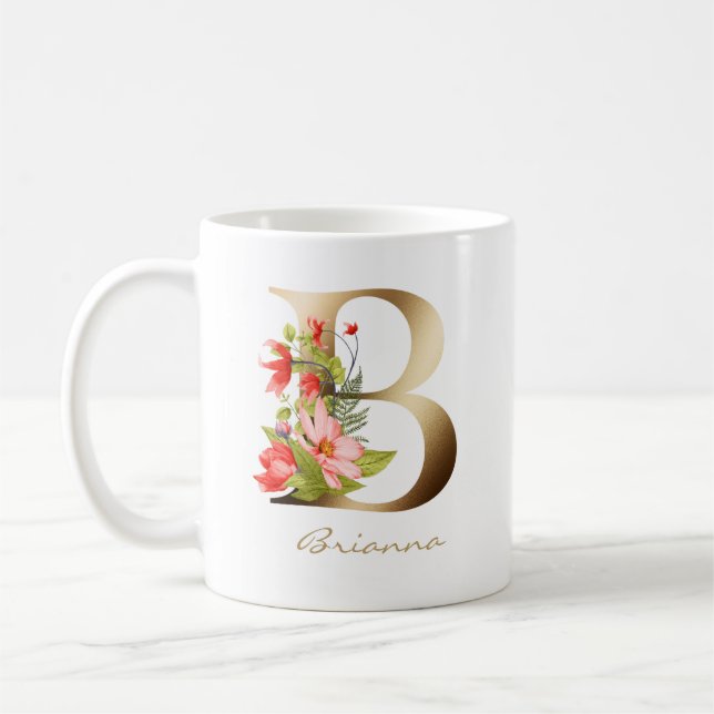 Taza De Café Letra B | Monograma de oro floral (Izquierda)