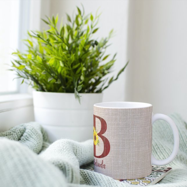 Taza De Café Letra B y girasol de madera de grano personalizada (Subido por el creador)