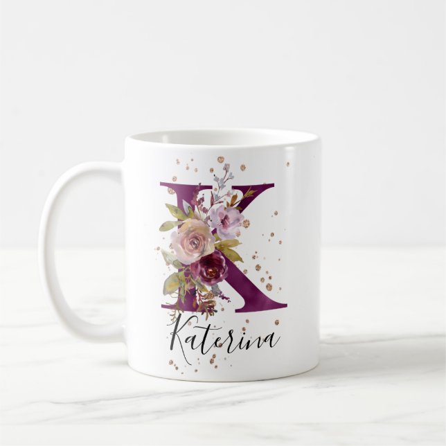Taza De Café Letra birgoña rosa Rubor floral K monograma (Izquierda)