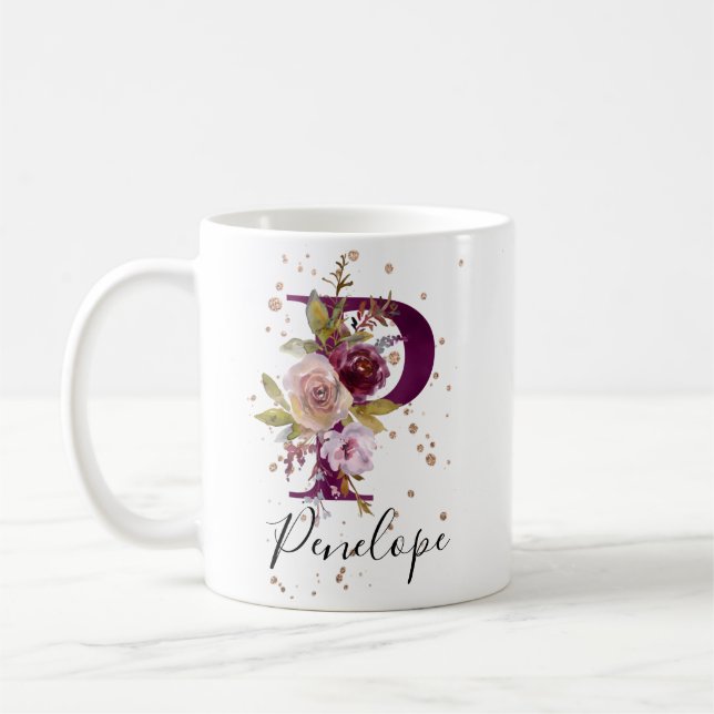 Taza De Café Letra birgoña rosa Rubor floral P monograma (Izquierda)