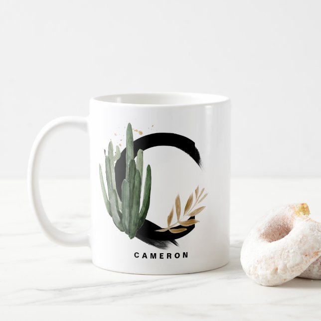 Taza De Café Letra Boho C Monograma Acuarela Cactus Tropical (Con donut)