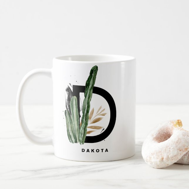 Taza De Café Letra Boho D Monograma | Monograma Cactus tropical (Con donut)