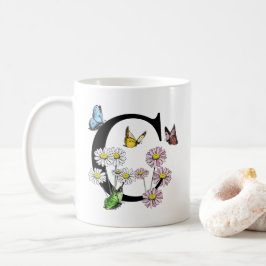 Taza De Café Letra C Acuarela Botánica Mariposa Monograma