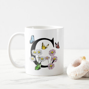 Taza De Café Letra C Acuarela Botánica Mariposa Monograma
