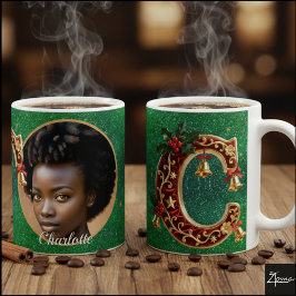 Taza De Café Letra C de Navidad de terciopelo rojo de lujo dora