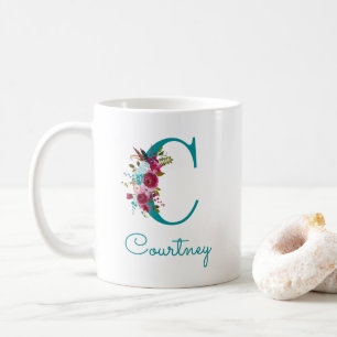 Taza De Café Letra C Floral Verde Teal Rosa