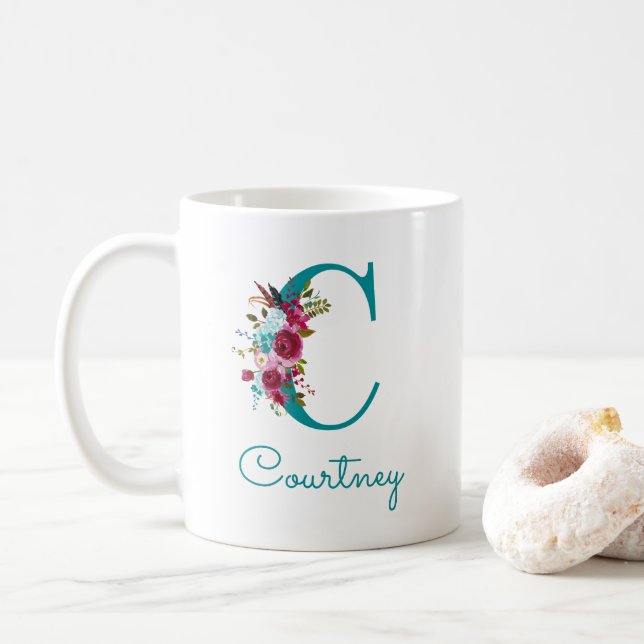 Taza De Café Letra C Floral Verde Teal Rosa (Con donut)