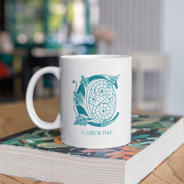 Taza De Café Letra C Monograma Verde azulado Nombre moderno