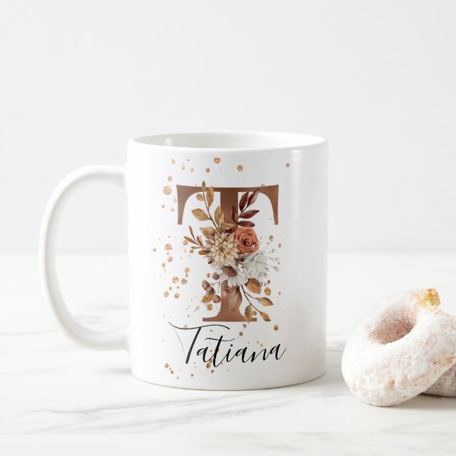 Taza De Café Letra cópica floral T monograma café Mug (Con donut)