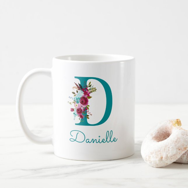 Taza De Café Letra D Floral Verde Teal Rosa (Con donut)