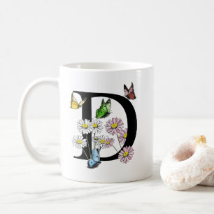 Taza De Café Letra D Monograma de mariposa acuarela botánica