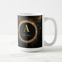 Taza De Café Letra de monograma con brillo negro con nombre per