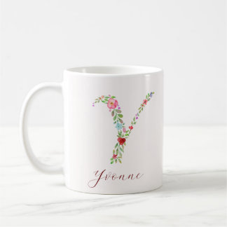 Taza De Café Letra de monograma floral de acuarela personalizad