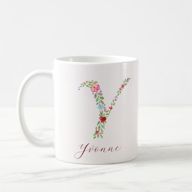 Taza De Café Letra de monograma floral de acuarela personalizad (Izquierda)