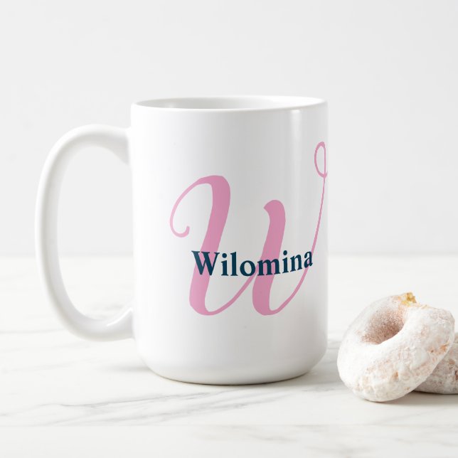 Taza De Café Letra de monograma rosa personalizada W nombre per (Con donut)