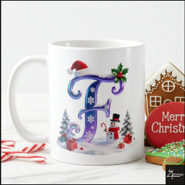 Taza De Café Letra de Navidad iridiscente F con muñeco de nieve