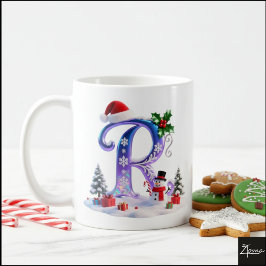Taza De Café Letra de Navidad iridiscente R con muñeco de nieve