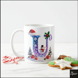 Taza De Café Letra de Navidad iridiscente U con muñeco de nieve