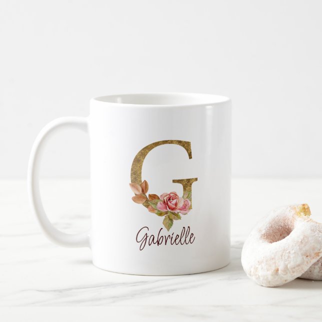 Taza De Café Letra de nombre personalizada G Relieve metalizado (Con donut)