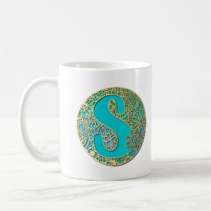 Taza De Café Letra de oro y turquesa S y flores de colores