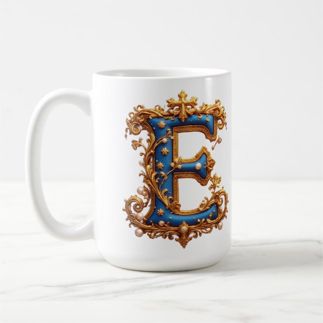 Taza De Café Letra E azul ornamentada (Izquierda)