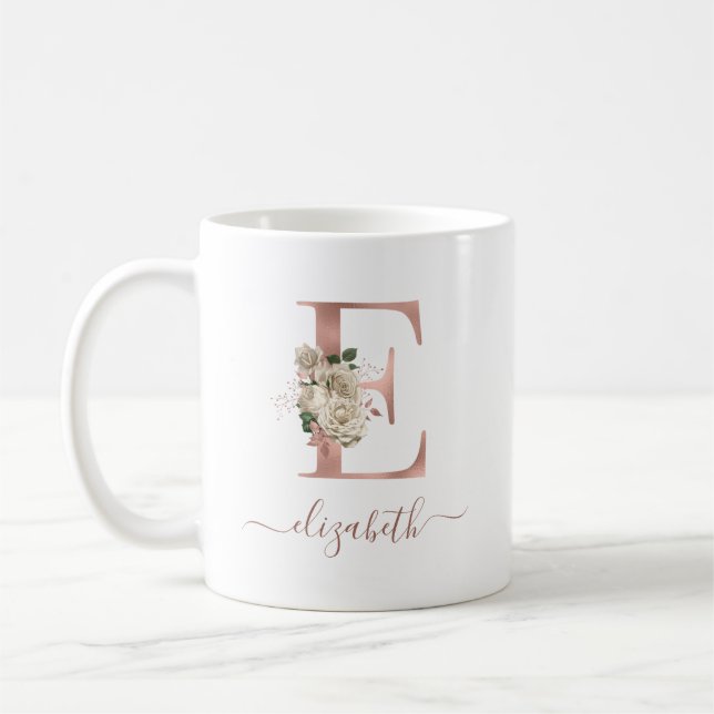 Taza De Café Letra "E" de Monograma Dorado Rosa Marfil Floral (Izquierda)