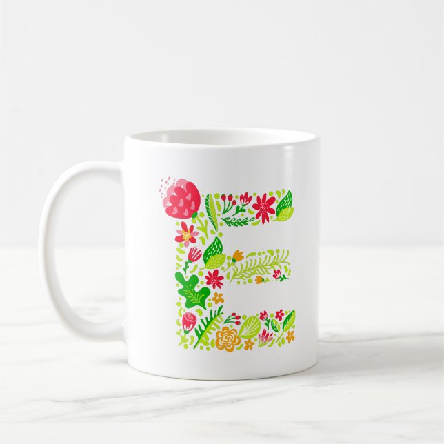 Taza De Café Letra E en tazón de café con flores (Izquierda)
